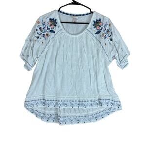 Knox Rose Womens Blouse White Floral Embroidered Short Sleeve Flowy Stretch M